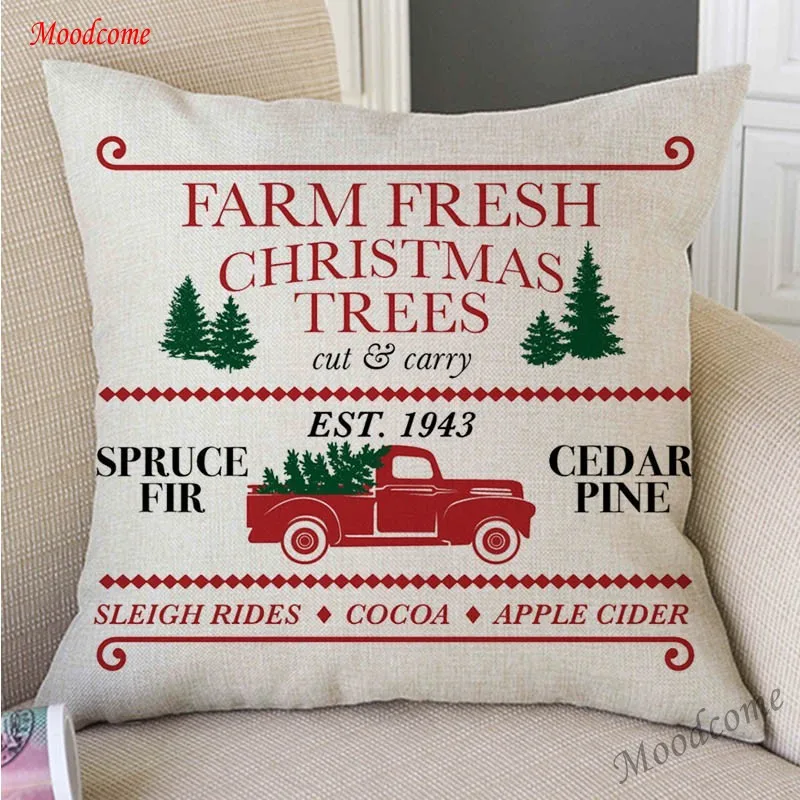Merry Christmas Decoration Farm Fresh Tree Truck Nordic Sofa Throw Pillow Case Cotton Linen Xmas Art Car Cushion Cover | Дом и сад