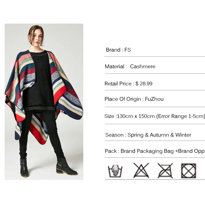 

FS Cashmere Scarf Women Color Striped Print Thicker Blanket Poncho Cape Reversible 2017 Winter Warm Wool Scarves Shawls Pashmina