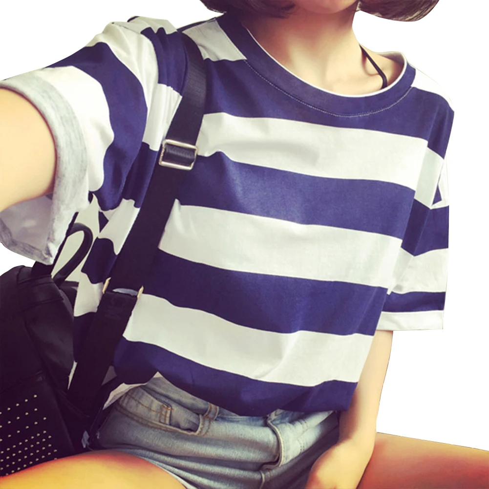 Женская футболка с коротким рукавом и круглым вырезом|striped top|t shirtcrew neck |