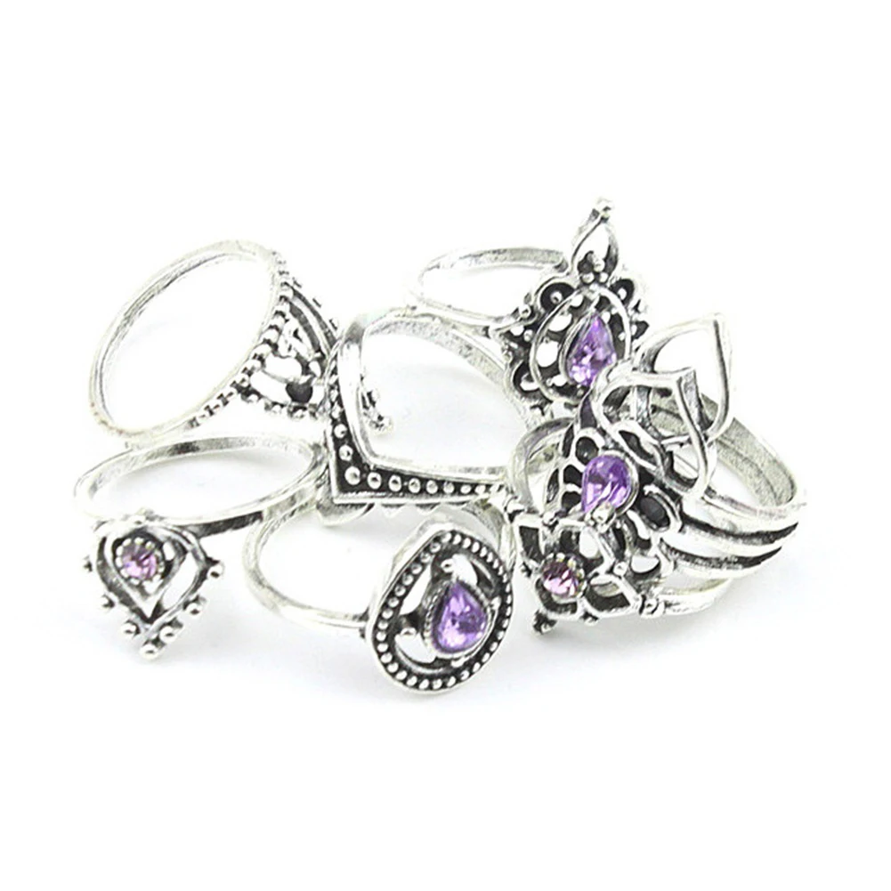 7 шт./компл. ретро Boho полые цветок фиолетовыми стразами костяшки Кольца Для женщин