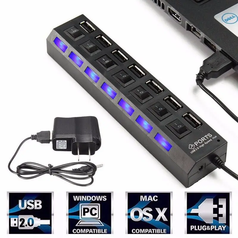 BASIX 7 Port USB HUB Usb 2.0 Hub Multi Splitter with on/off Switch Power Adapter for MacBook PC Notebook Laptop | Компьютеры и офис