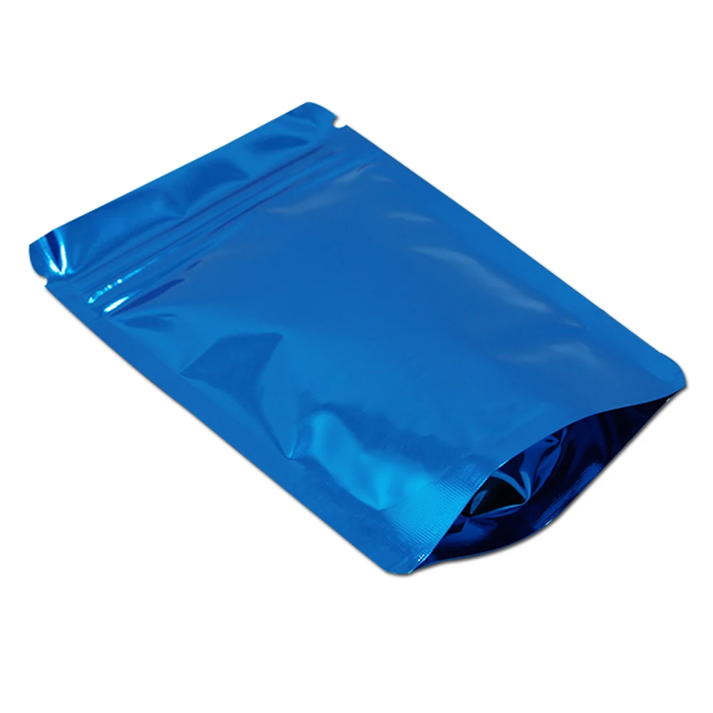 

100Pcs Blue Stand Up Aluminum Foil Pack Bags Reusable Food Storage Bags Self-seal Zipper Bags Smell Proof for Christmas Wedding