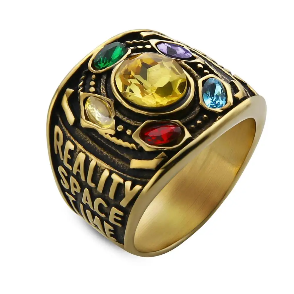 Gold EdgLifU Marvel, Мстители, танос, кольца, золото, бесконечная сила, рукавица, Кристальное кольцо для мужчин, нержавеющая сталь, бесконечность войны, мужской брелок - Цвет основного камня: Gold