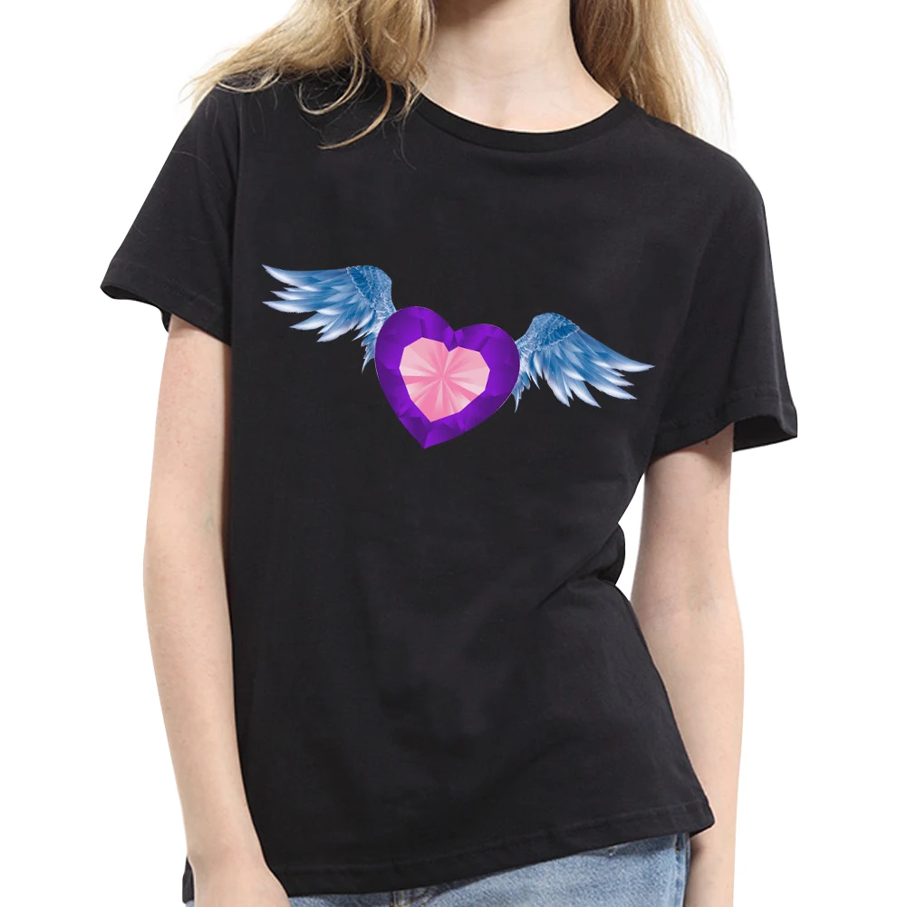 2017 Fashion T-Shirt Diamond Heart Wing O-Neck Short Sleeve summer Slim Top Women | Женская одежда