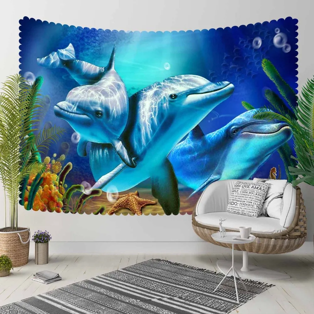 

Else Tropical Blue Under Sea Swimming Dolphins Fish 3D Print Decorative Hippi Bohemian Wall Hanging Landscape Tapestry Wall Art