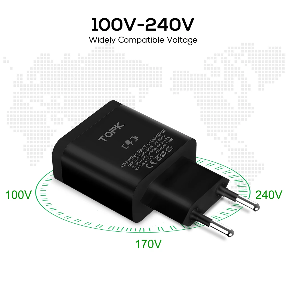 TOPK USB зарядное устройство Quick Charge 3 0 18 Вт для путешествий портативный настенный