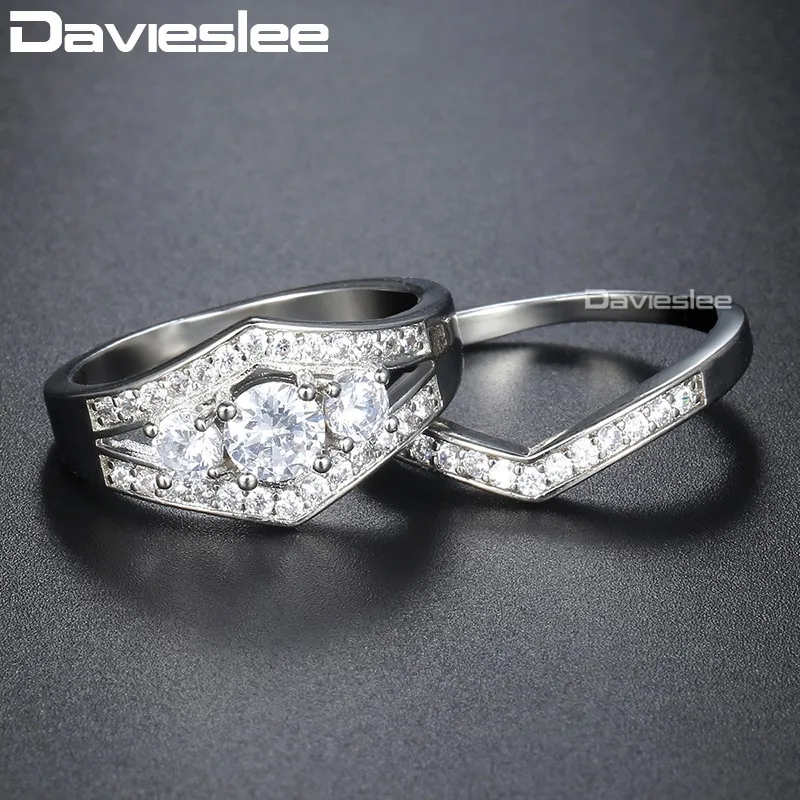 Davieslee леди женщин кольцо набор микро проложили cz 3 камень White Gold Filled GF Круглый