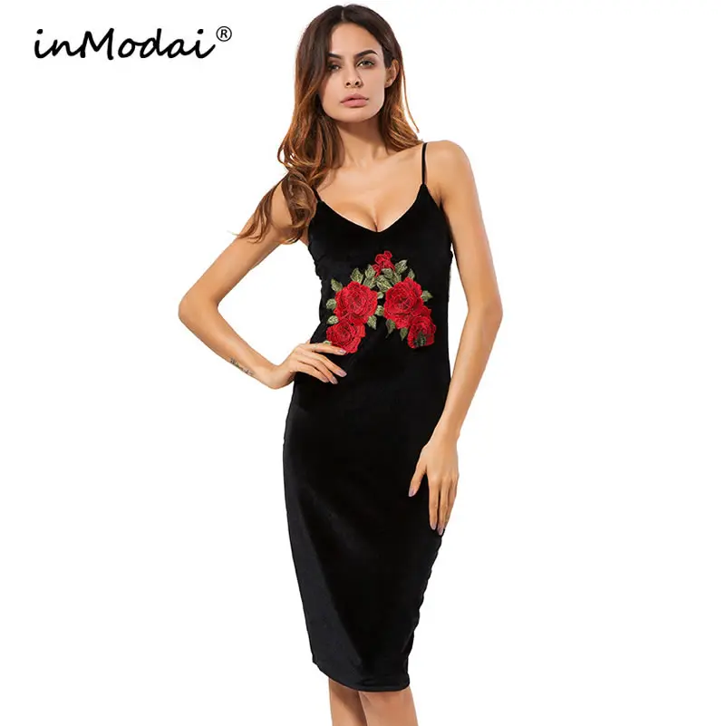 Inmodai пикантные Клубные бархат Платья для женщин Цветочный bodycon платье Глубокий V