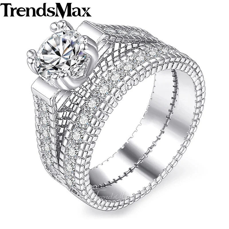 Женские кольца с кубическим цирконием и микро закрепкой набор из 2 белых золотых