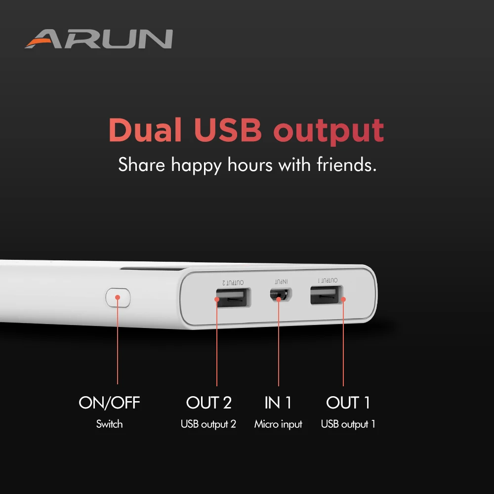 ARUN 12000 мАч Внешний аккумулятор внешний 2 USB светодиодный освещение mi ni портативное
