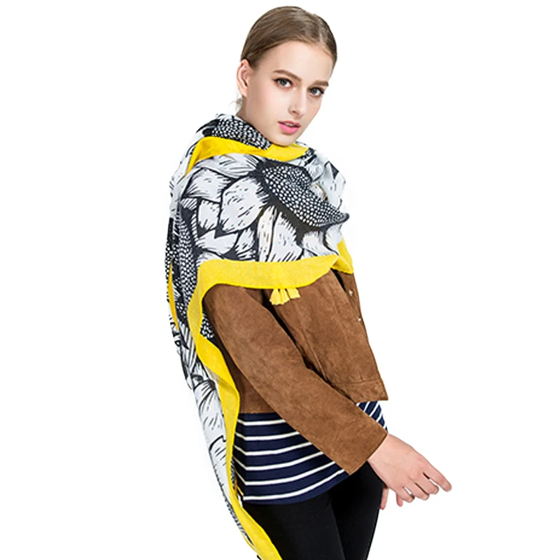 Шарф из хлопка и льна FS шали с кисточками в виде подсолнечника Пашмина женские