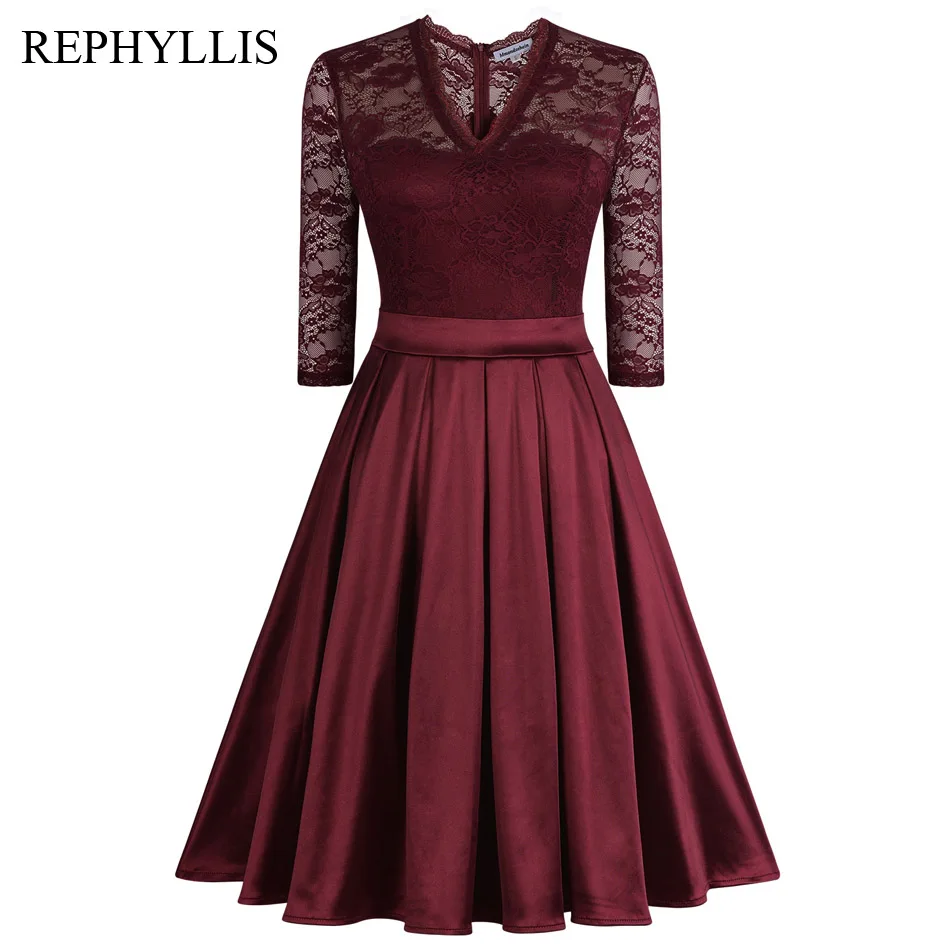 REPHYLLIS, женское винтажное платье с v-образным вырезом, рукавом 2/3, кружевной спиной, прозрачное, ТРАПЕЦИЕВИДНОЕ, для коктейля, свадьбы, торжества, выпускного вечера, вечерние платья