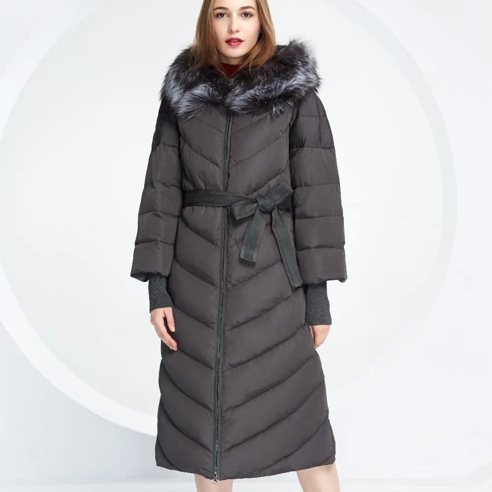 BASIC EDITIONS New Women Winter Long Parka Down Coat Fox Fur Hood Belt Wide Waist White Duck Jacket WY049 jacket down parka downduck down