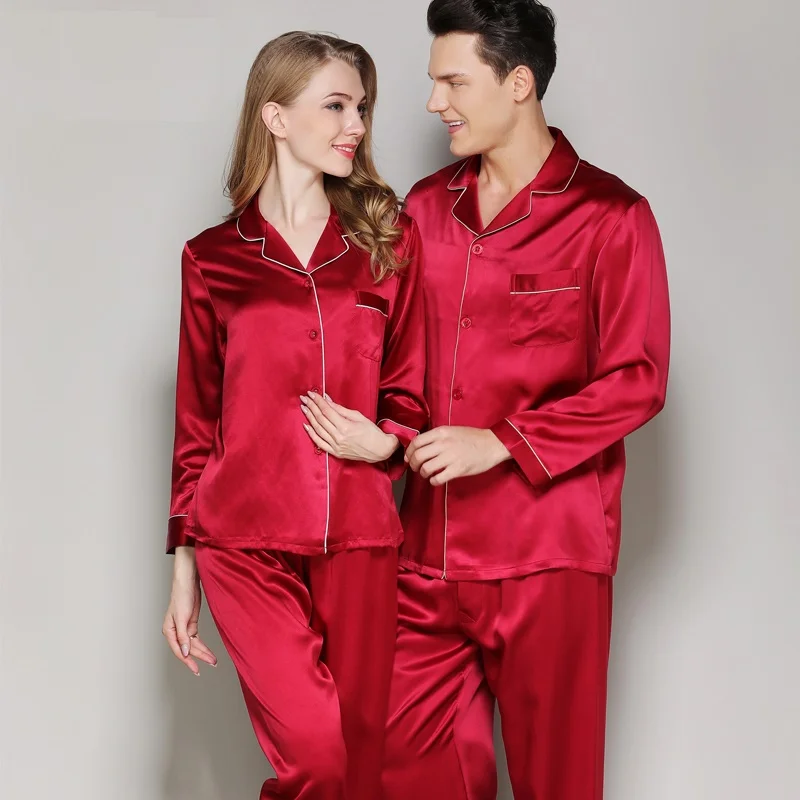 

Pajamas Sets Woman 100% Silk Stain Solid Autumn Women Silk Two Piece Pyjamas Sets Nightwears Sleepwear Homewear Pajama Set 2xl