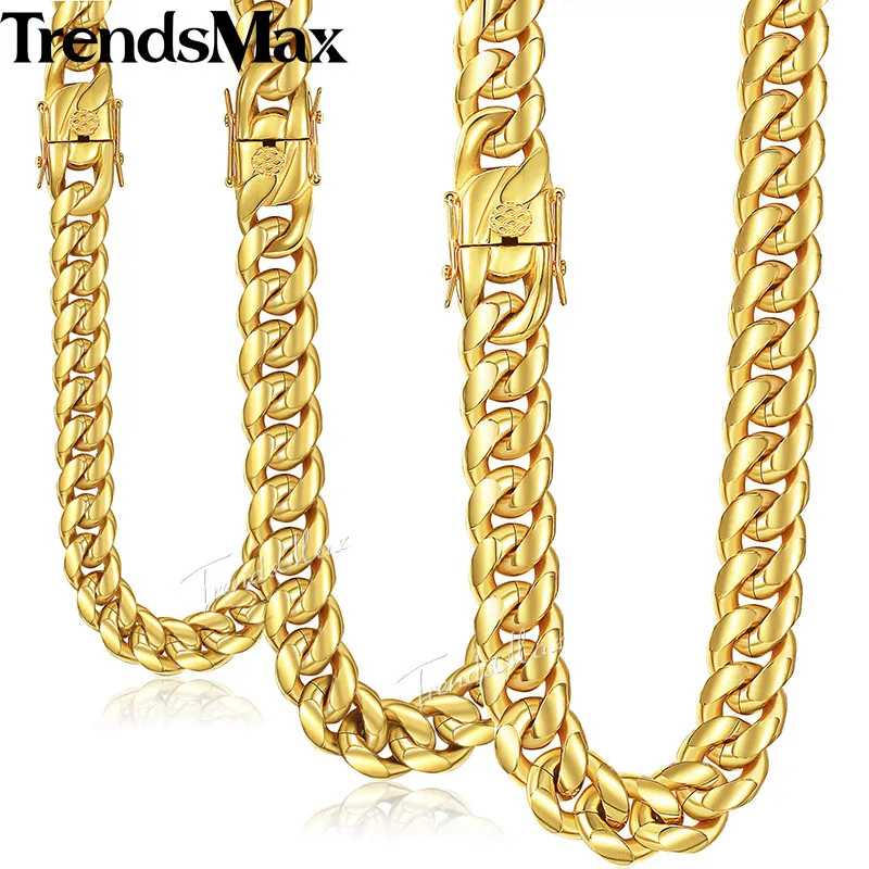 

Trendsmax Miami Curb Cuban Mens Necklace Chain 316L Stainless Steel Hip Hop Gold Silver Color 8/12/14mm KHNM19