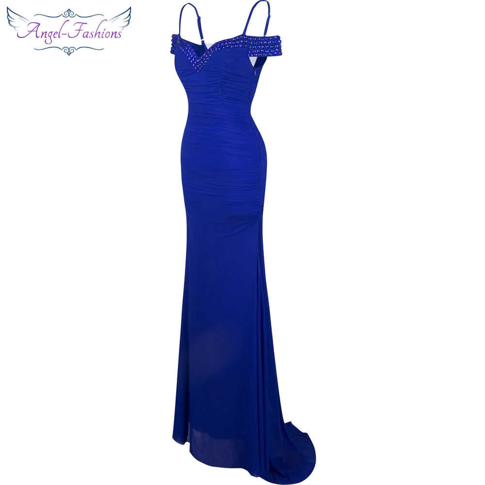 Angel Fashion женские Выпускные платья Спагетти ремень бисера Ruched Поезд синий вечернее