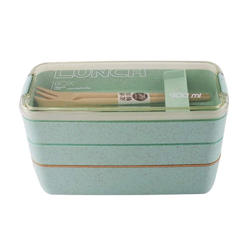 3 Layer Mint Green Материал не вредит здоровью Ланч-бокс 2 3 слоя пшеничной соломы коробки для обедов бенто микроволновая посуда контейнер для хранения еды герметичный Ланчбокс - Цвет: 3 Layer Mint Green