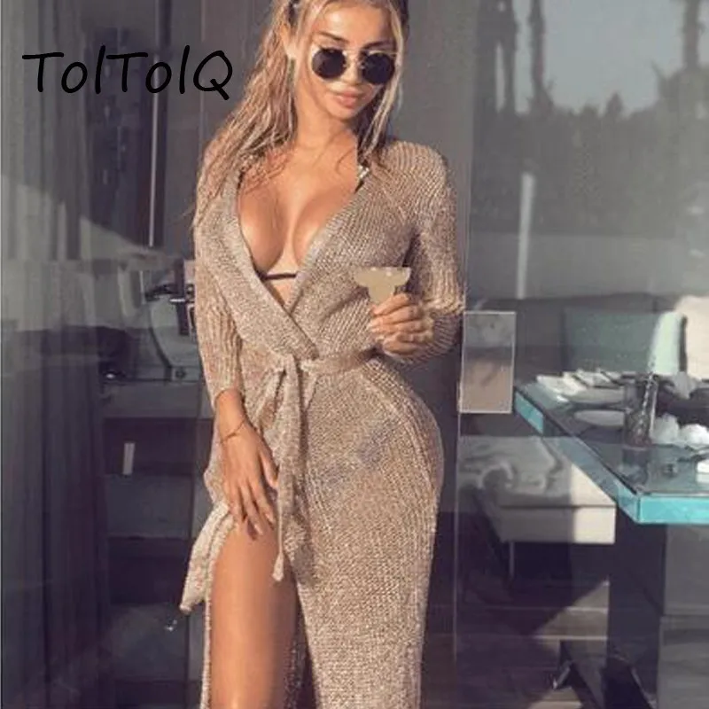 Женское платье с длинным рукавом TolTolQ розовое золото для ночного клуба вечеринок