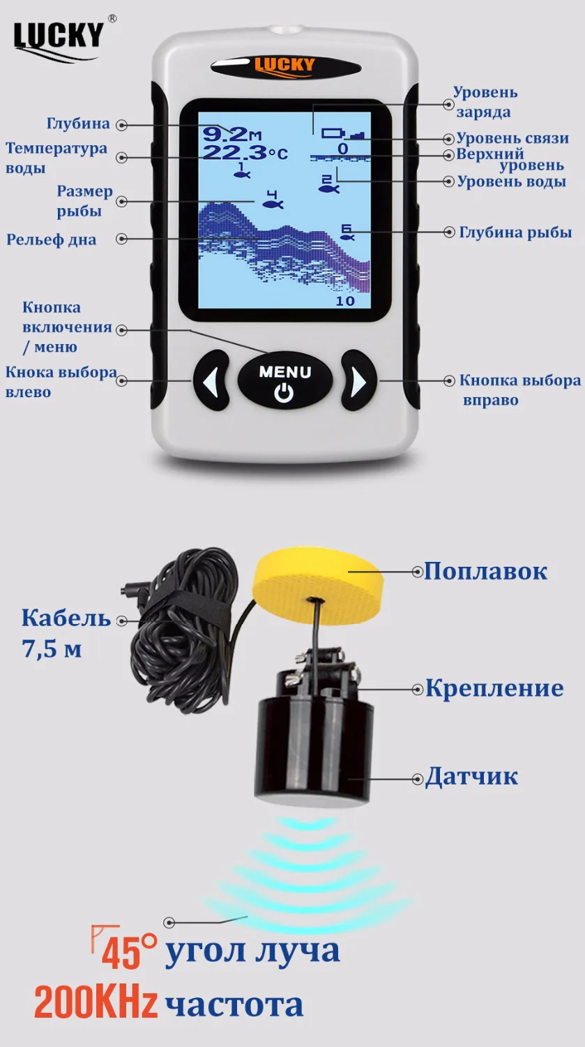 Lucky FF718 Проводной эхолот для рыбалки глубина сканирования до 100 м матричный FSTN ЖК
