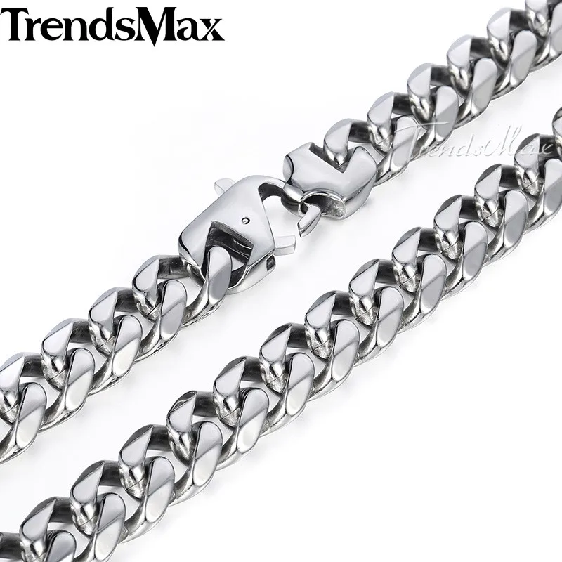 Polished Finished Trendsmax матовое полированное ожерелье Мужская цепь 316L нержавеющая сталь резанная Снаряженная кубинская звено Серебряный тон 15 мм KHNM18 - Окраска металла: Polished Finished