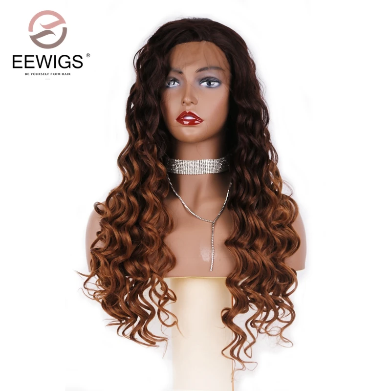 EEWIGS Омбре коричневый парик на кружеве с натуральной линией волос 180% Плотность термостойкие свободные волны синтетические парики для черных женщин