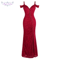 angel fashions womens robe de soiree boat neck pleat lace beading split mermaid long red party dress 425 200