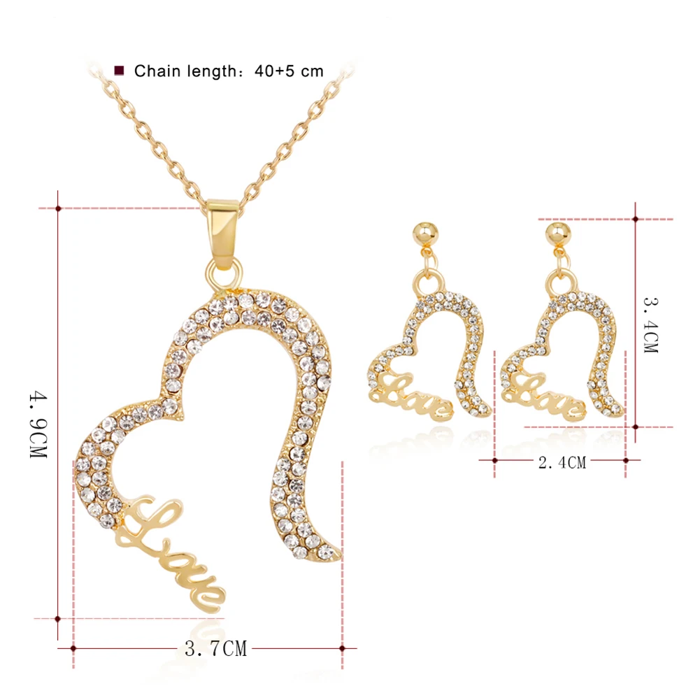 Роскошный комплект ювелирных изделий Мода Любовь Сердце Письмо Rhinestone Цепочки и