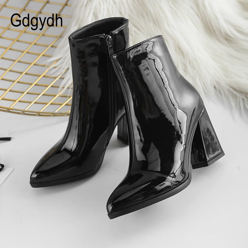 Женские ботильоны из лакированной кожи Gdgydh черные обувь на каблуке с острым