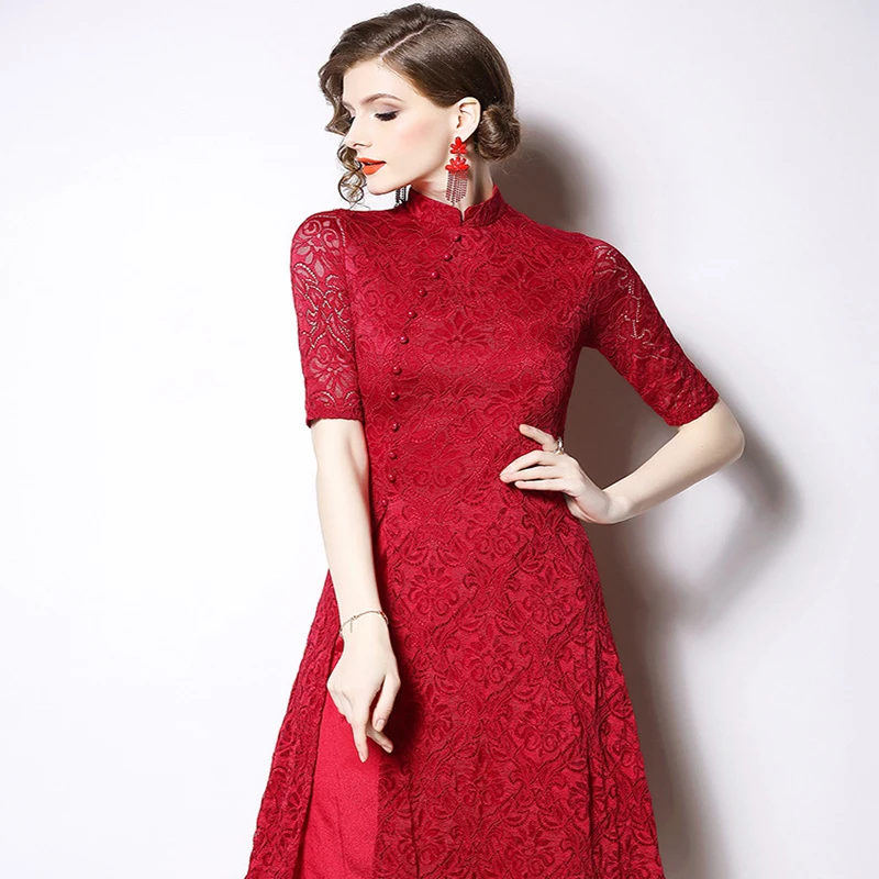 Женское Новое кружевное платье однобортное Ретро стоячий воротник cheongsam |