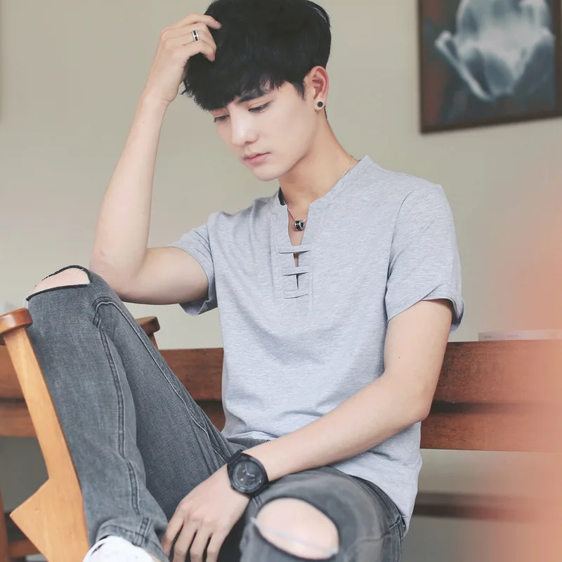 

Summer retro men's short sleeved T-shirt, simple fashion, solid color shirt