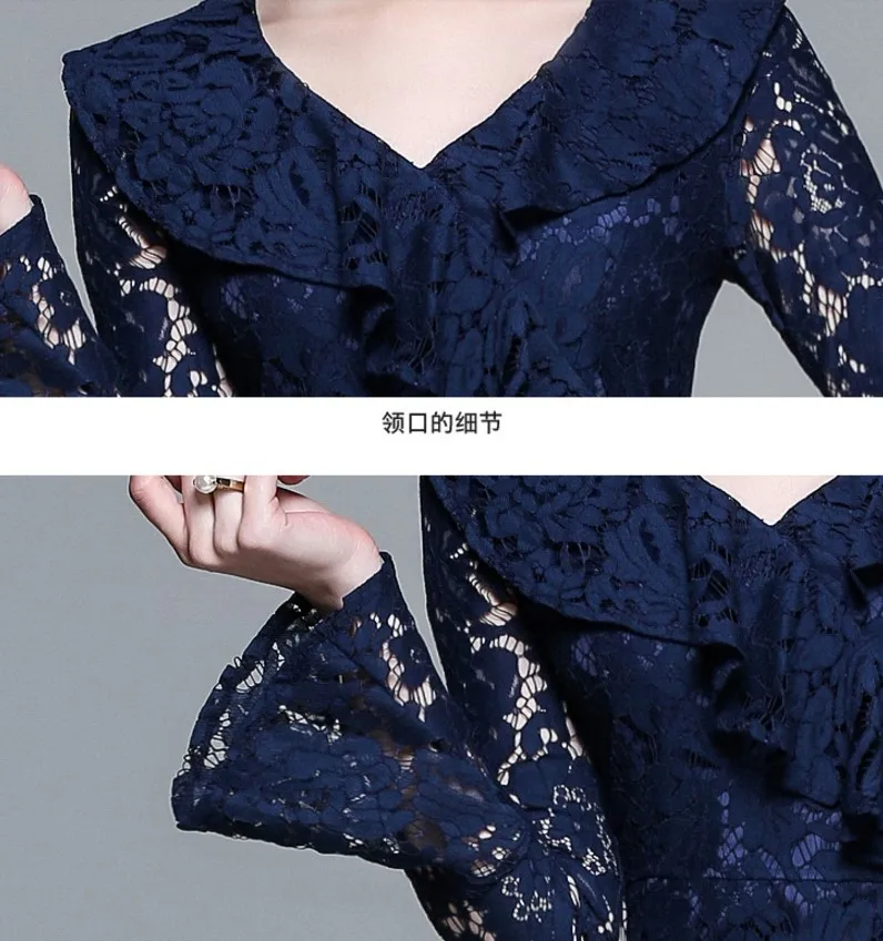 2018 весенние женские модные синие платья с расклешенными длинными рукавами