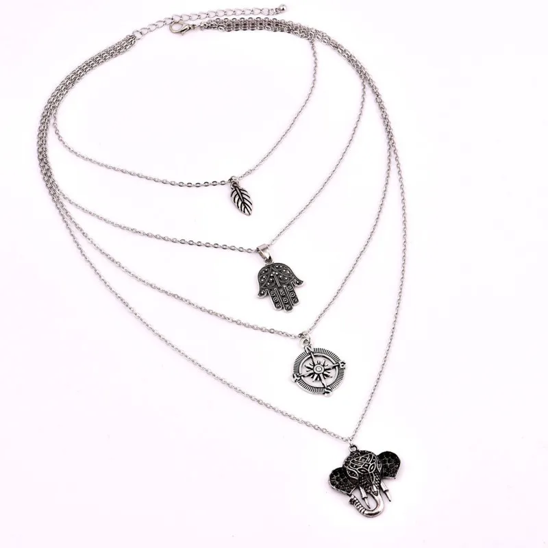 2018 Chain Necklace Fashion Wind Leaf Palm Compass Elephant Multi-storey Vintage Pendant Jewelry gift | Украшения и аксессуары
