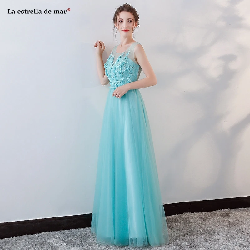 Robe demoiseur d'honneur Черпак спинки Кружева Линия бирюзовые Длинные Свадебные платья vestido de fiesta