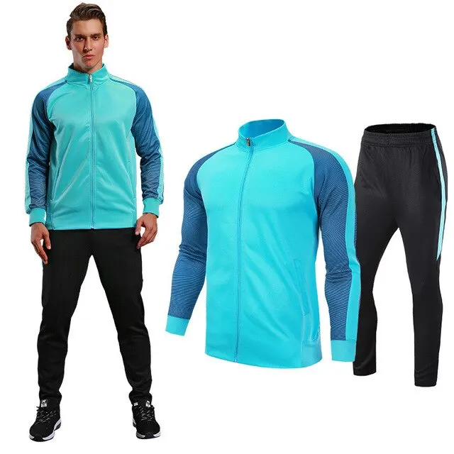 sky blue Jersey suit Зимняя мужская спортивная одежда для бега, комплект для футбола, куртки для бега, штаны, спортивные костюмы, мужские тренировочные костюмы для бега - Цвет: sky blue Jersey suit
