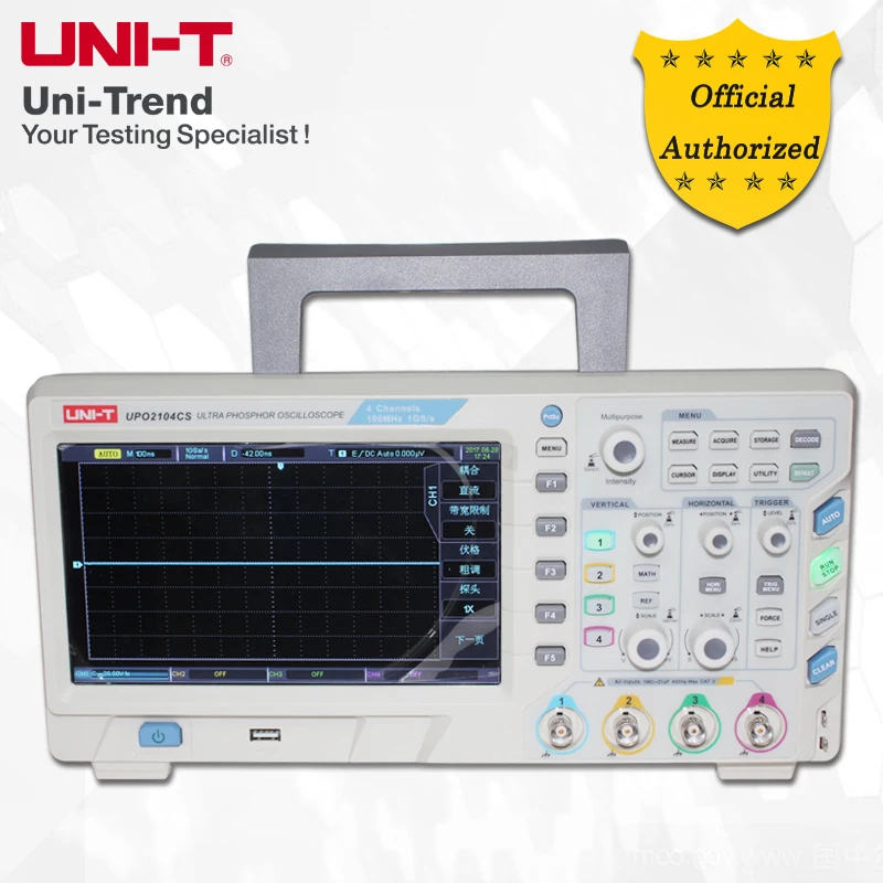

UNI-T UPO2104CS Ultra Phosphor Oscilloscope; 4 Channels, 100MHz Bandwidth, 1GS/s Sampling Rate, USB Communication