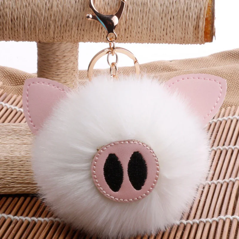 

Fashion Fluffy Faux Rabbit Fur Pig Ball Keychain for Women Pendant Charm Key Chain Rings Keychain Bag Accessories QS1806