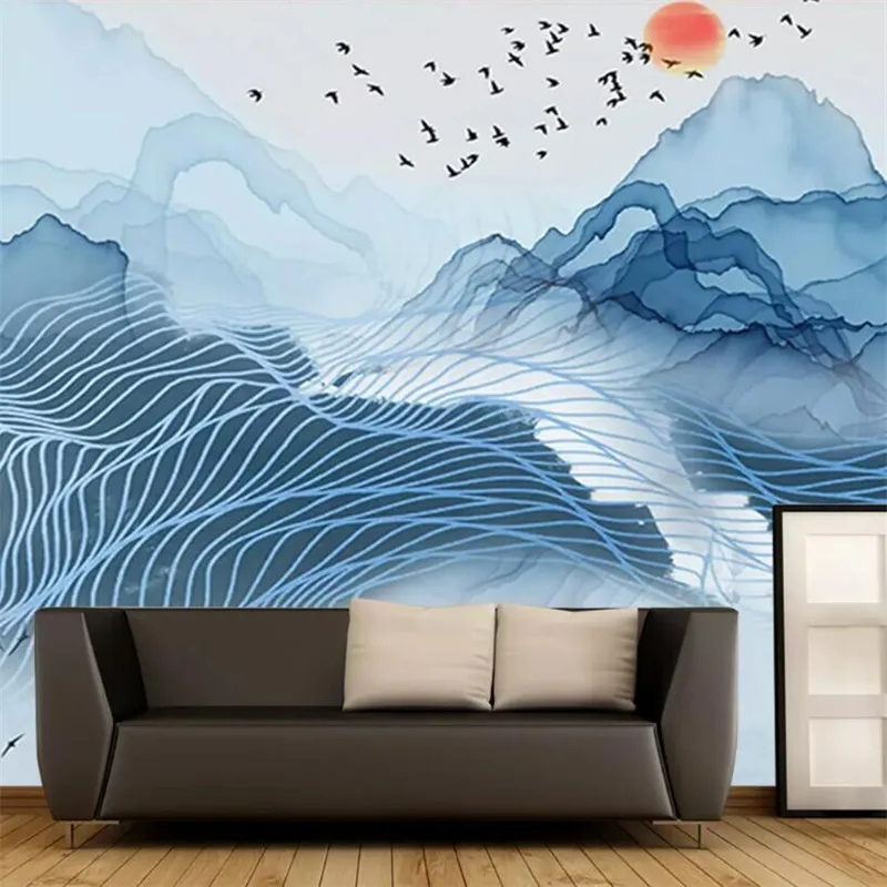 Blue ink landscape abstract lines background high-grade wall cloth manufacturers wholesale wallpaper mural photo | Обустройство дома