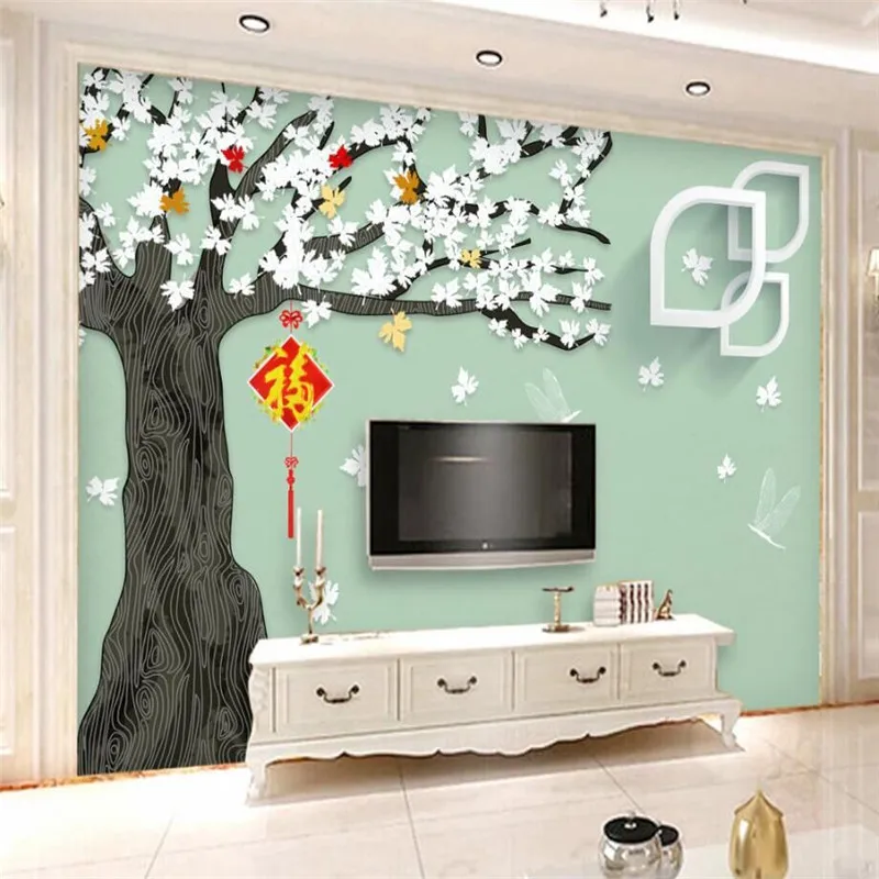 

Living room sofa 3d hand-painted maple tree TV wall Custom wallpaper mural