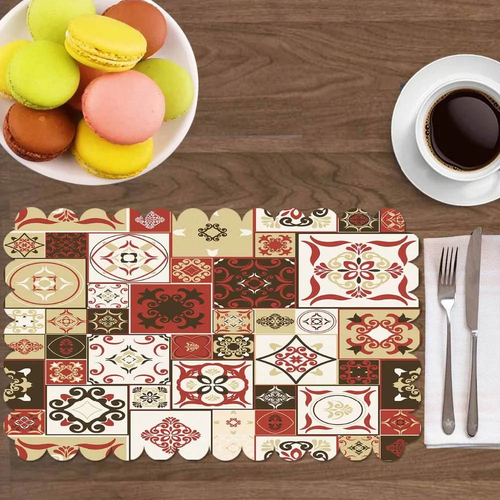 

Else Brown Red Ethnic Ottoman Turkish Patchwork 4 Pcs 3d Print Washable Micro Fabric Table Placemat Pad for Dining Room Kitchen