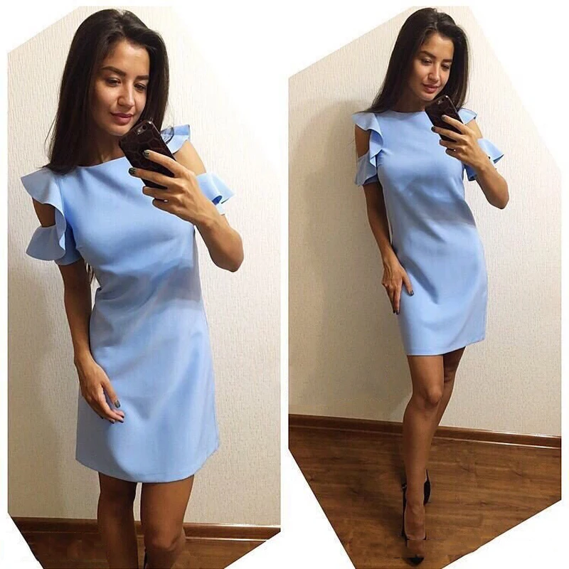 Для женщин с коротким рукавом офисные мини платье 2018 Новое лето оборками пляжные