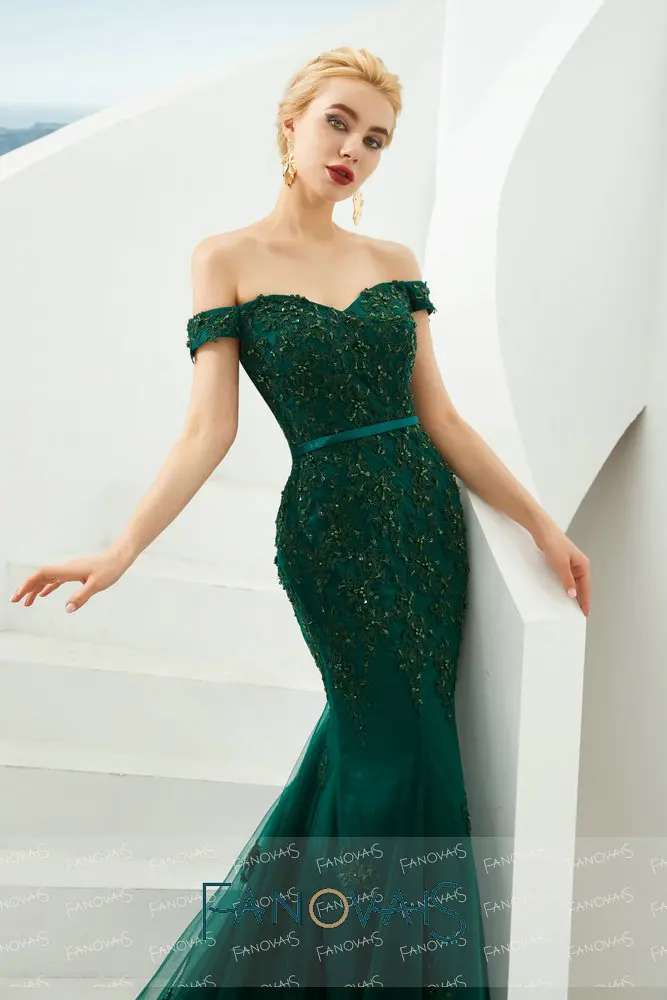 Anova элегантный с плеча кружева зеленый Русалка вечерние платья 2019 Vestido de Fiesta