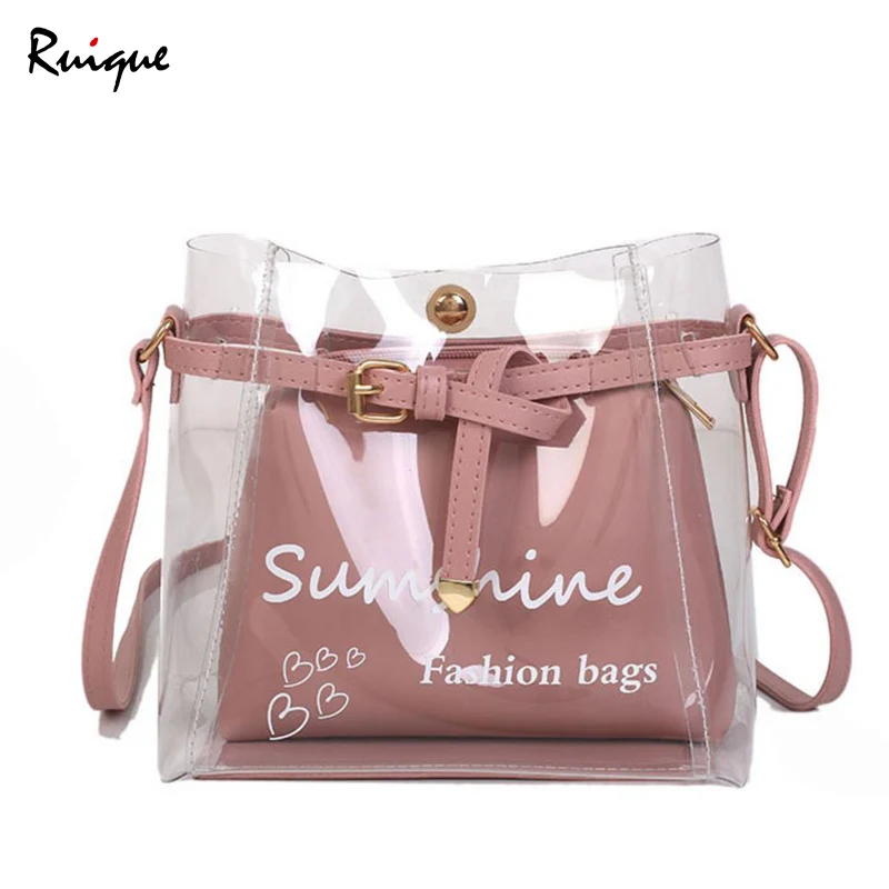 

Ruique Women Fashion Transparent Messenger Bag Girls Summer Small Jelly Bag Female Bucket Shaped New Hot 2 Pack Shoulder Bags