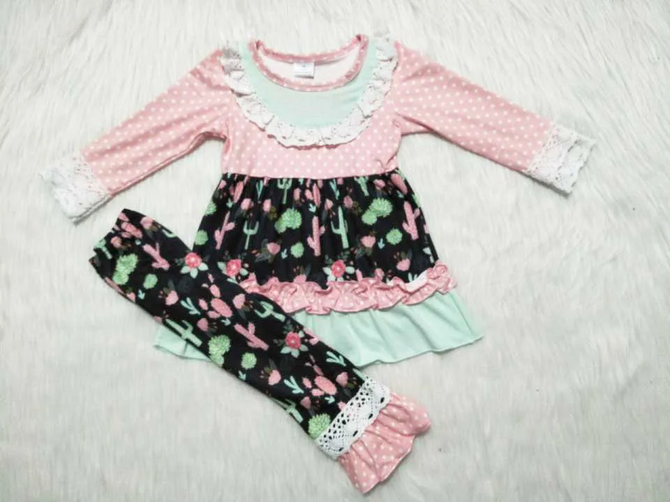 

Girls autumn and winter long-sleeved trousers set cactus printed lace design boutique children's suit yll