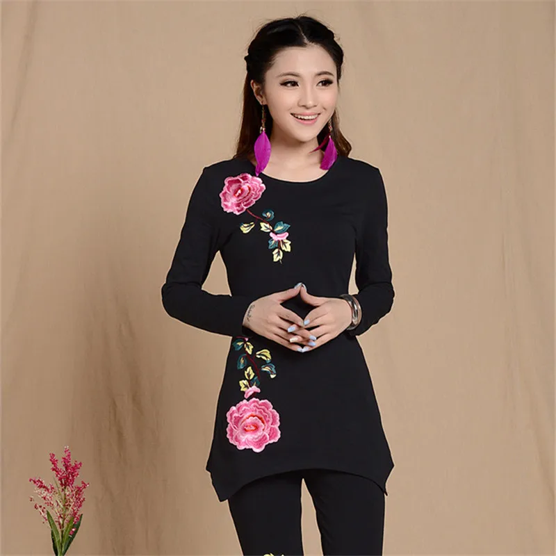 Long Sleeve Black a Весенне-летняя женская футболка 4XL с вышивкой, черные, белые, Blusas Feminina, хлопковая футболка, качественная Элегантная футболка - Цвет: Long Sleeve Black a