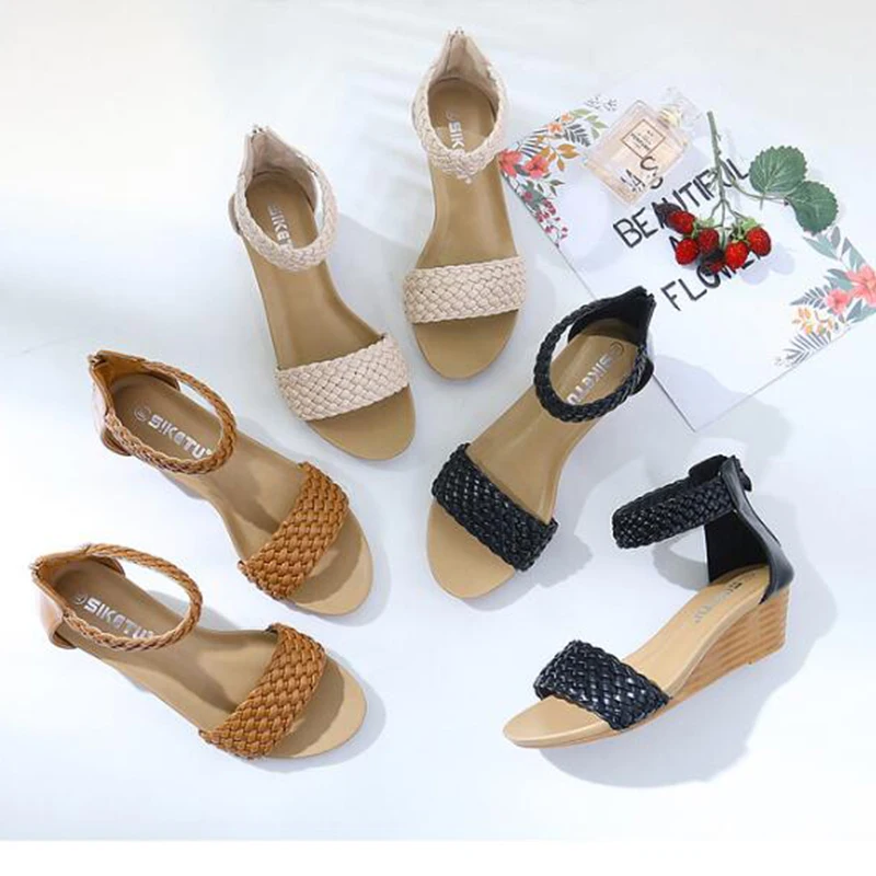 Женские плетеные сандалии на нескользящей танкетке простые повседневные туфли