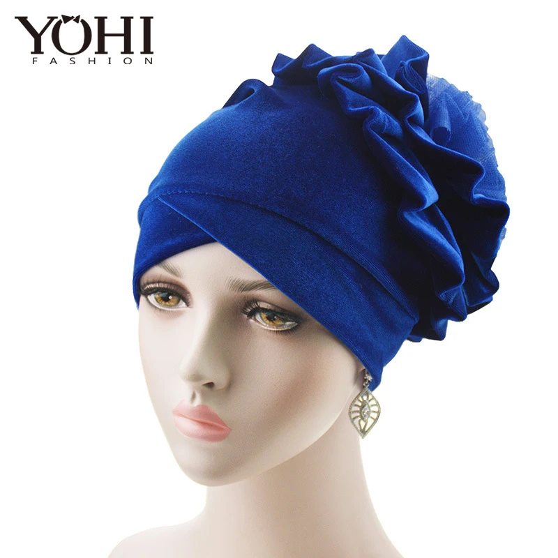 

2018 New Fashion velvet big flower head hat Baotou cap Ladies Hat Church Cap Women Hijab turbante