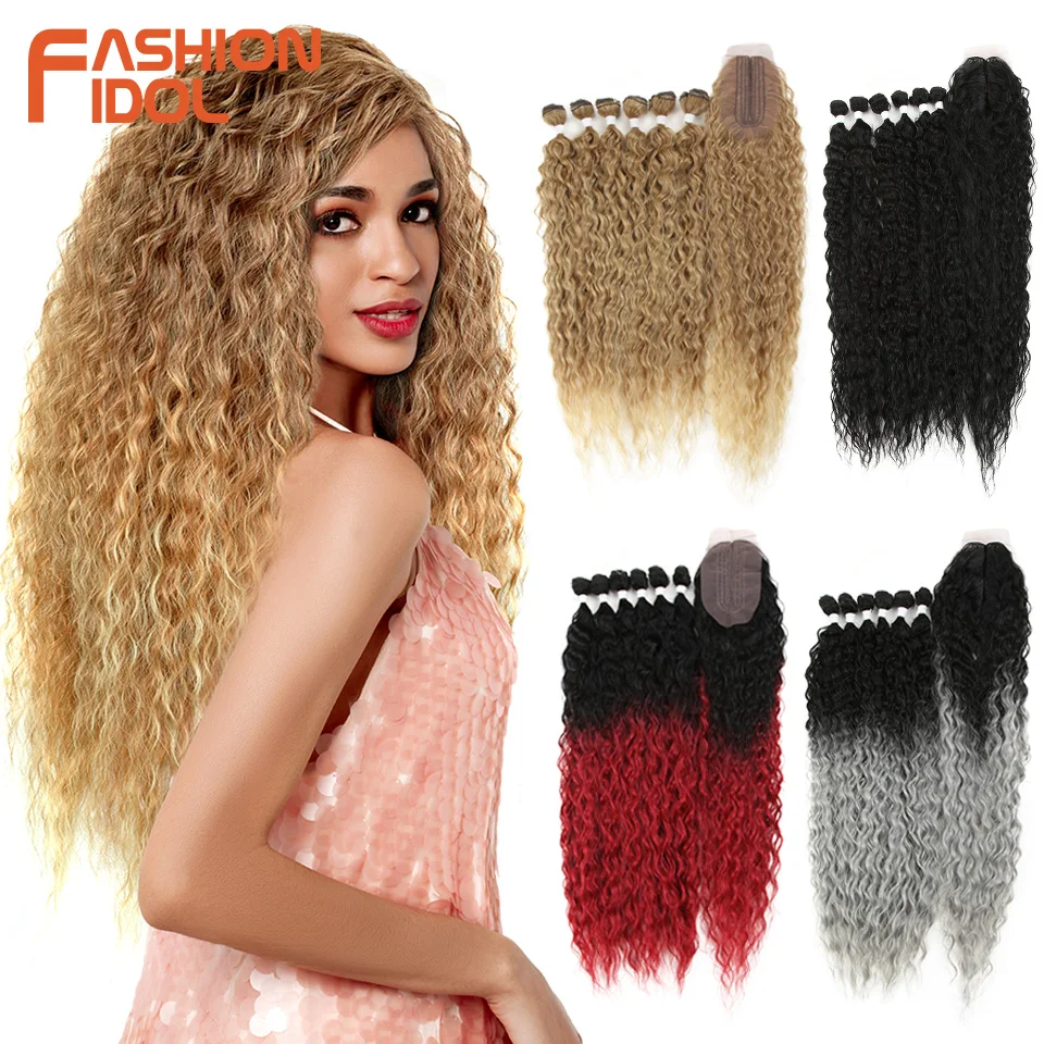 FASHION IDOL Afro Kinky Curly Hair Bundles Extensions With Closure Ombre Blonde 30inch Soft Long Curly Hair Synthetic Weave Hair