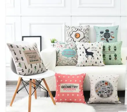 

cotton linen cartoon printed cushion cover throw pillowcase sofa decorative lumbar pillow cover household deer/sushi/plants