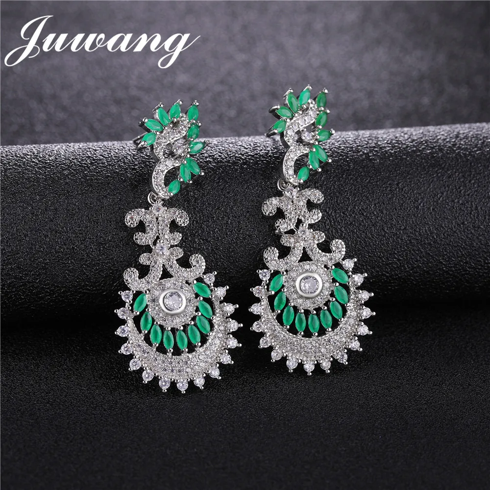 

JUWANG Fashion Big Green Clear CZ Drop Earrings for Women Vintage Long Crystal Wedding Jewelry Gift Brincos