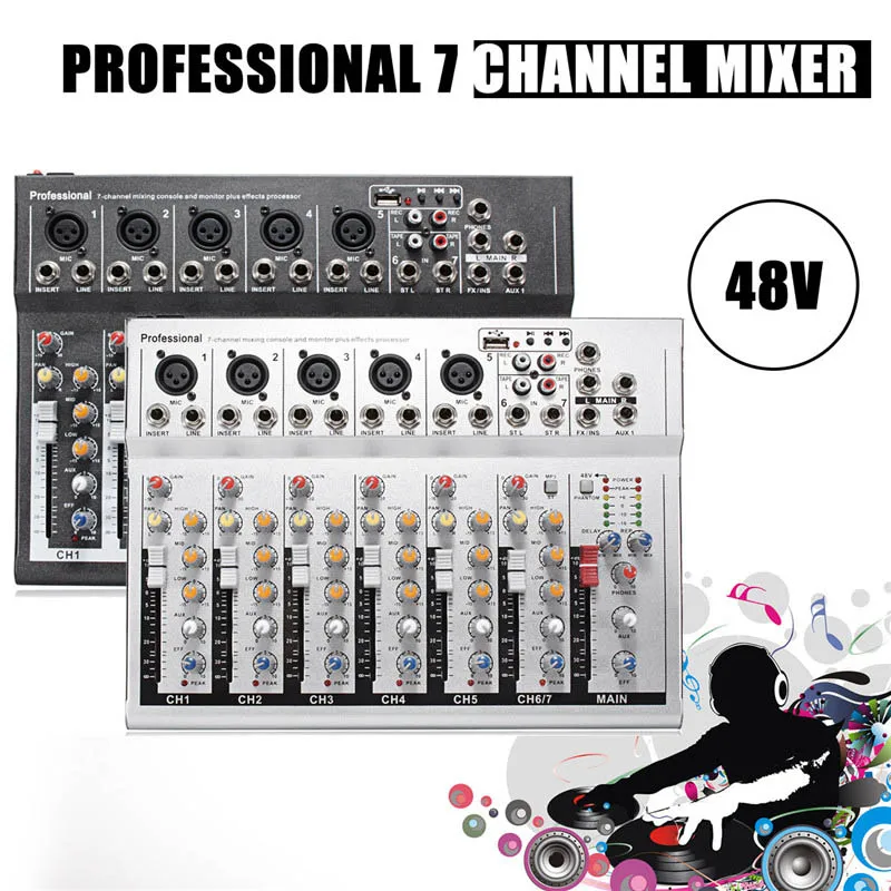 48 В Мини Профессиональный USB микшерный пульт 7 каналов Live Studio аудио микшер KTV сетевой якорь Звуковая карта Звуковой консольный микшер